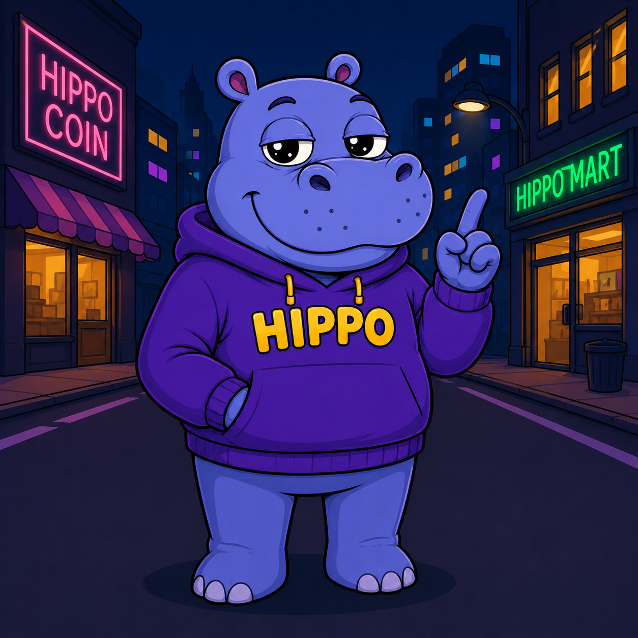 $HIPPO standing confidently on a neon city street